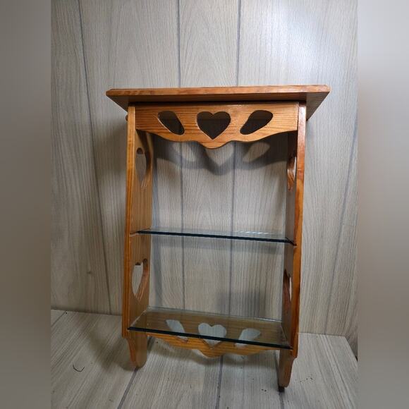 Vtg 80s Heart Design Carved Wood Wall Shelf W/Glass Inserts Farmhouse Coquette - Picture 2 of 8